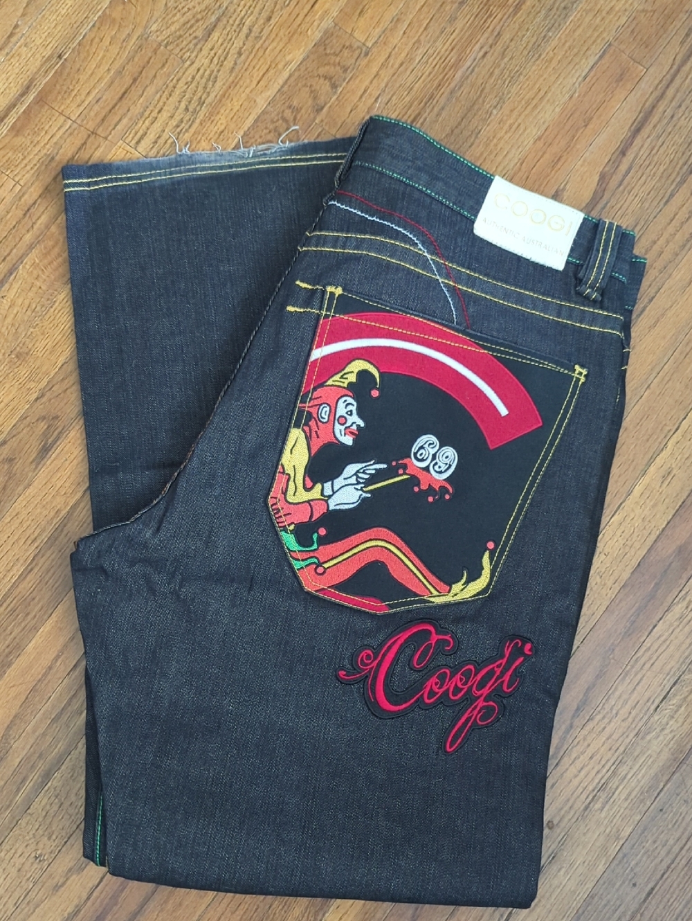 COOGI Dark Wash Straight Jeans with Red & Yellow Pocket Graphic